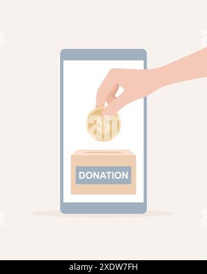 Donazione in beneficenza online. Uno smartphone con una scatola per donazioni sullo schermo e una mano che gli mette una moneta d'oro. Illustrazione vettoriale piatta Illustrazione Vettoriale