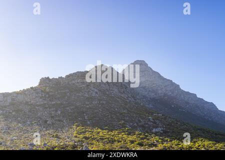 Picco di montagna con cielo azzurro, con terreno accidentato e vegetazione, spazio fotocopie Foto Stock