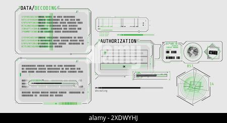 Schermata del programma di decodifica dati con finestra di autorizzazione. Illustrazione Vettoriale