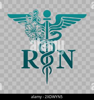 Infermiere registrato, simbolo medico con testo RN e fiore, simbolo Caduceus, adesivo infermiere RN Illustrazione Vettoriale