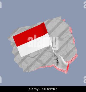 Collage d'arte contemporanea con una mano che tiene la bandiera indonesiana su uno sfondo testurizzato, simboleggia il patriottismo e l'identità nazionale Foto Stock