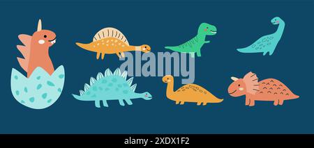 Set di dinosauri per bambini, sfondo di cuccioli di animali. Collezione di personaggi dei dinosauri, pacchetto. Può essere utilizzato per adesivi e poster. Doodle baby Animals per bambino Illustrazione Vettoriale
