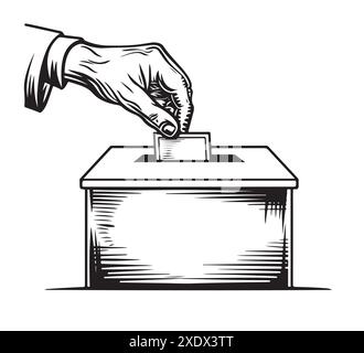 Bozza di mano che mette il bollettino di voto nella casella elettorale . Segno di concetto elettorale, illustrazione vettoriale Illustrazione Vettoriale