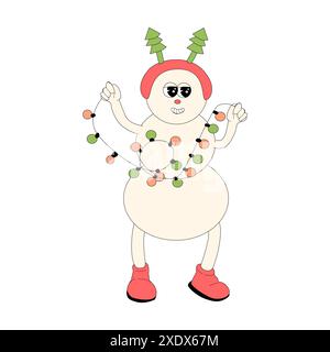 Natale e felice anno nuovo Groovy personaggio di pupazzo di neve isolato. Mascotte per le vacanze invernali. Personaggio hippie retrò negli anni '60, '70, stile y2k con allegri motivi Illustrazione Vettoriale