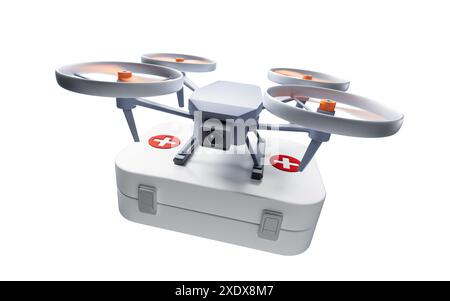 Drone realistico che trasporta la scatola medica di pronto soccorso, rendering 3d. Illustrazione 3D. Foto Stock