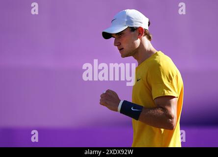 Foto del file datata 21/06/24 di Jack Draper, che si dirige a Wimbledon come numero uno britannico, seminato per la prima volta, e cavalca la cresta di un'onda dopo aver vinto il suo titolo inaugurale ATP. La sua striscia vincente di sette partite??? Che comprendeva il successo del titolo a Stoccarda ??? Alla fine è stato chiuso dal numero 13 americano Tommy Paul. Data di pubblicazione: Martedì 25 giugno 2024. Foto Stock