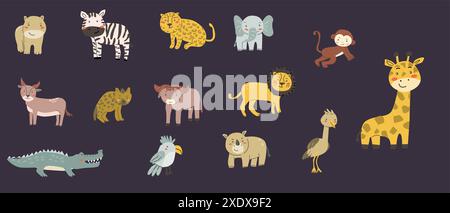 Set di animali per bambini. Elefante africano, leone, rinoceronte, scimmia, zebra, leopardo, iena e altri simpatici animali tropicali. Raccolta di chara per bambini Illustrazione Vettoriale