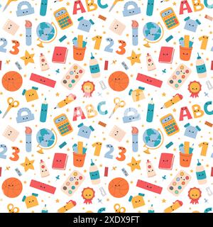 Schema vettoriale scolastico. Background senza interruzioni con divertenti elementi educativi. Forniture scolastiche, accessori, attrezzi. La cancelleria dell'ufficio si ripete Illustrazione Vettoriale