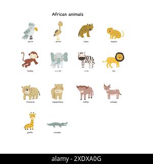Tessera per bambini per l'educazione. Design dell'asilo. Carino flash card di animali africani in lingua inglese. Simpatico poster dei personaggi dei cartoni animati per bambini Illustrazione Vettoriale