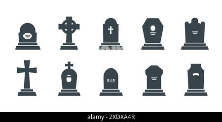Cimitero lapidi e lapidi con icone vettoriali e a croce e RIP. Lapide funeraria o monumento in pietra tombale con croce gotica, sepoltura funeraria o sagome del cimitero cristiano Illustrazione Vettoriale