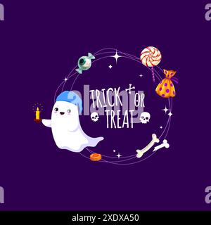 Cornice di Halloween con simpatici personaggi fantasma kawaii e dolci natalizi, sfondo vettoriale. Serata horror di Halloween e cornice per scherzi o scherzi con teschio cartoni animati, lecca-lecca e caramelle ossee Illustrazione Vettoriale