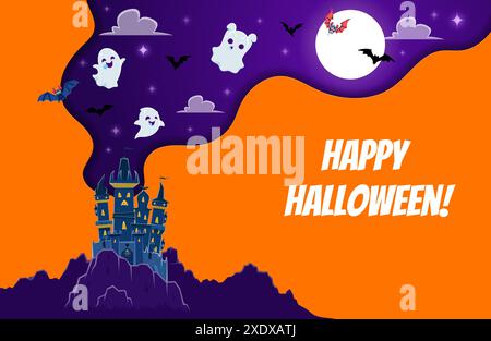 Striscione tagliato in carta di Halloween con castello e fantasmi kawaii volanti che fluttuano nel cielo notturno con luna piena e pipistrelli. Biglietto d'auguri vettoriale con casa infestata e cornice ondulata 3d con spavento spaventoso dei cartoni animati Illustrazione Vettoriale