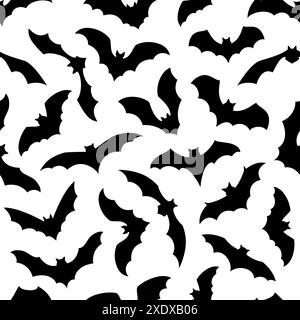 I pipistrelli di Halloween creano una silhouette senza cuciture, un turbinio di creature notturne in volo, sagomato su sfondo bianco, crea una piastrella vettoriale di stile inquietante per sfondi e decorazioni spaventose Illustrazione Vettoriale