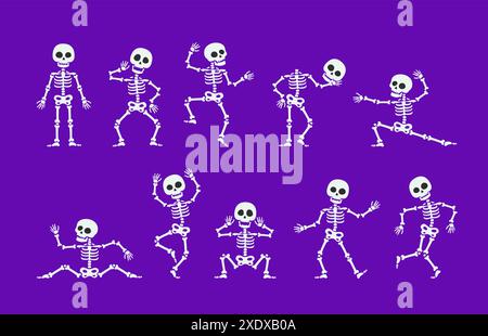 Personaggi dello scheletro danzante di Halloween. Personaggi vettoriali divertenti e pieni di energia con articolazioni animate, si muovono con gioia verso ritmi ritmici, cornici ossee che si girano e si girano con grazia, creando un vivace spettacolo di danza Illustrazione Vettoriale