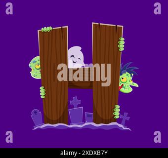 Font di Halloween, lettera H con zombie e fantasmi sul cimitero, alfabeto vettoriale dei cartoni animati. Font di Halloween o ABC per bambini con mostri spaventosi e divertenti sulla tomba del cimitero per il tipo di carattere cartoni animati lettera H. Illustrazione Vettoriale