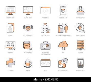 Set di icone a linea piatta per lo sviluppo del software. Linguaggio di programmazione, applicazioni, api, programmi per computer sviluppano illustrazioni vettoriali. Delineare le indicazioni per Illustrazione Vettoriale