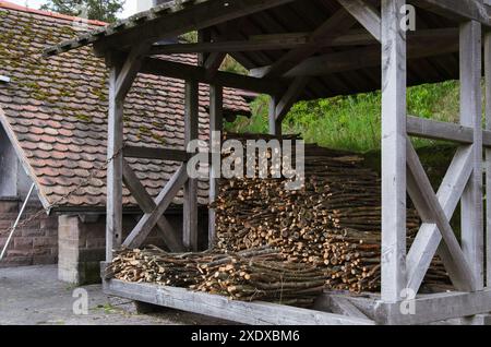 Tronchi impilati sotto il tetto in legno Foto Stock