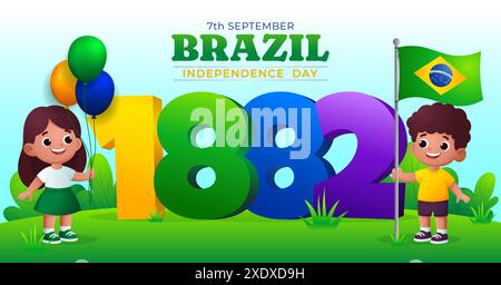 Banner Cartoon Brazil Independence Day, festa del 7 settembre con bambini brasiliani Cartoon traduzione: Ordine e progresso Illustrazione Vettoriale