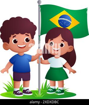 Simpatici bambini brasiliani che hanno una bandiera che sventola, festeggiano la giornata dell'indipendenza del brasile traduzione: Ordine e progresso Illustrazione Vettoriale