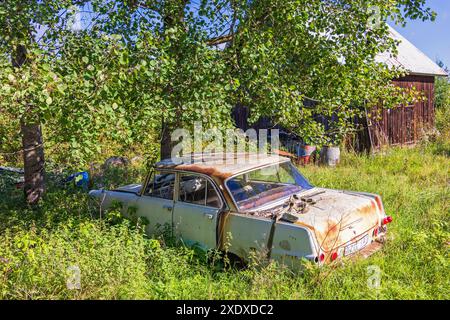 Una vecchia macchina rugginita sotto un albero in campagna Foto Stock