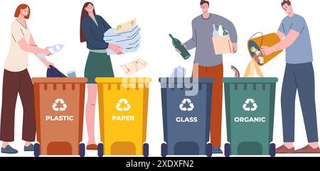Persone che selezionano i rifiuti. Contenitori in plastica per rifiuti organici in vetro di carta. Giovani adulti moderni personaggi ecologici, riciclare la scena vettoriale Illustrazione Vettoriale