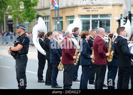 Festa nazionale del Lussemburgo, celebrazione del compleanno del Granduca, parata militare con l'esercito lussemburghese, la polizia, i vigili del fuoco, i servizi di soccorso e Foto Stock