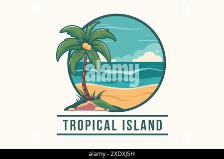 Logo dell'isola tropicale con palme e oceano. Il logo è circolare in bianco e blu Illustrazione Vettoriale
