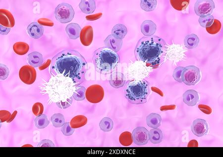 Le cellule dendritiche (DC) riconoscono la leucemia mieloide acuta (AML) - Vista isometrica illustrazione 3d. Foto Stock