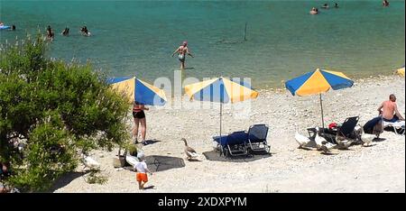 Lago Kournas (ex Koresia) nel 2024. È un bellissimo lago naturale nel nord-ovest di Creta, in Grecia, vicino a Chania. Misura una lunghezza massima di 1.087 metri e una larghezza di 880 m. La sua profondità è di 22,5 metri. Il lago è diventato un popolare luogo turistico. C'è una teoria che uno strano campo elettromagnetico nel lago, si può sentire come quelli sul lago si avvicinano alla riva dove oche selvatiche e anatre pattugliano i bagnanti in cerca di cibo. Λίμνη Κουρνά (πρώην Κορέσια) το 2024 (κοντά στα Χανιά) - Foto Stock