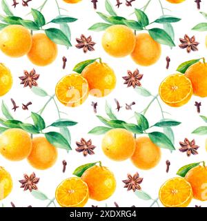 Design ad acquerello con arance e spezie in un motivo luminoso, ideale per progetti culinari Foto Stock