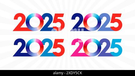 Collezione di icone per il nuovo anno 2025. logo anno fiscale 2025 con colori rosso, blu e bianco. Sfondo creativi dei fasci radiali. Set di simboli delle festività. Illustrazione Vettoriale