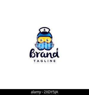 Playful Blue Octopus con logo Captain Hat Mascot. Cute Blue Octopus Character Design che indossa Googles e Cruise Captain Hat. Illustrazione Vettoriale