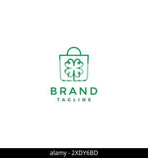 Icona della borsa Clover Leaf Inside Shop con logo Design. Borsa per la spesa minimalista e icone con foglie di trifoglio. Illustrazione Vettoriale