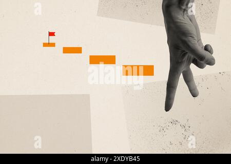 Immagine di schizzo grafica di tendenza composita collage fotografico di silhouette corpo della mano due dita come gambe piattaforma a piedi bandiera finitura strada pedonale Foto Stock