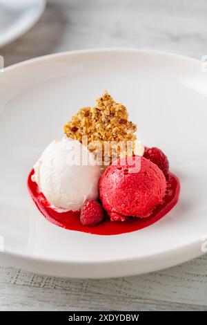 Lampone e gelato in un recipiente bianco in porcellana Foto Stock