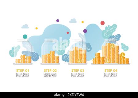 Infografica di Step Money in Glass Jars. concetto di business. Illustrazione vettoriale Illustrazione Vettoriale