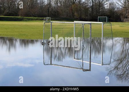 Highwater sul reno nel porto di gernsheim - campo sportivo allagato Foto Stock