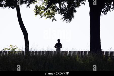 Colonia, Germania. 25 giugno 2024. Un uomo fa jogging lungo la passeggiata al Poller Wiesen. Credito: Thomas Banneyer/dpa/Alamy Live News Foto Stock