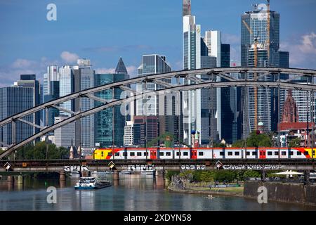 Ferrovia regionale sul ponte Deutschherrnbruecke sul fiume meno di fronte allo skyline di Francoforte, Germania, Assia, Francoforte sul meno Foto Stock