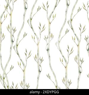 Pattern senza cuciture con rami ad albero astratti. Eleganti foglie verdi. Illustrazione acquerello isolata su sfondo bianco. Foglia botanica disegnata a mano Foto Stock