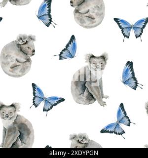 Graziosi orsi koala con farfalle blu motivo senza cuciture. Carta da parati infinita animale australiano endemica. Illustrazione ad acquerello disegnata a mano isolata Foto Stock