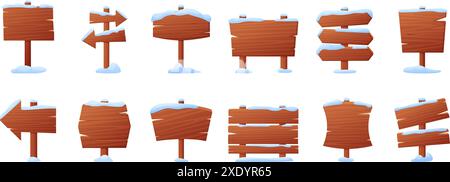 Striscione in legno con paraspruzzi. Insegne innevate, elementi decorativi per Capodanno e natale. Cartelloni e cartelloni, set vettoriale di nowaday Illustrazione Vettoriale