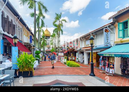 Singapore - 19 febbraio 2017: Vista panoramica di Muscat Street e Masjid Sultan (Moschea del Sultano). Quartiere musulmano (quartiere arabo) al Kampong Glam.. Foto Stock