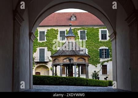 Abbazia di Novacella: Il "pozzo delle meraviglie" nel cortile interno. Varna, alto Adige, Italia. Foto Stock