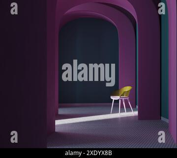 Corridoio con archi viola con sedia di design in plastica, rendering 3d. Foto Stock