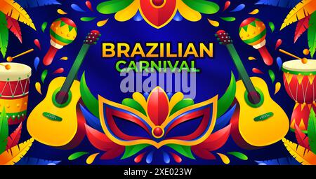 Modello per banner carnevale brasiliano con elementi colorati e sfondo blu scuro Illustrazione Vettoriale