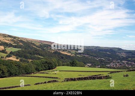 Veduta della valle di calder a calderdale nello yorkshire occidentale con il villaggio di mitolmroyd visibile in lontananza Foto Stock