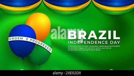Sfondo del giorno dell'indipendenza del Brasile, con sventolata bandiera di seta e illustrazione vettoriale del pallone. Traduzione: Ordine e avanzamento Illustrazione Vettoriale