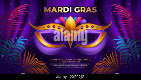 Sfondo carnevalesco del Mardi gras con elegante maschera carnevalesca e sfondo viola scuro Illustrazione Vettoriale