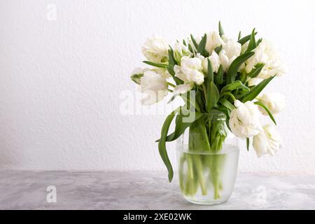 Bouquet di tulipani bianchi in vaso contro muro bianco copia spazio Foto Stock